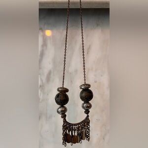 Antique-Style Floral Bead Drop Necklace in Dark Bronze and Silver